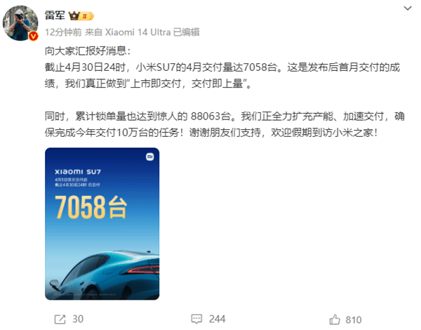 Lei Jun published the first month's report card of SU7 release: 7058 units were delivered in April!