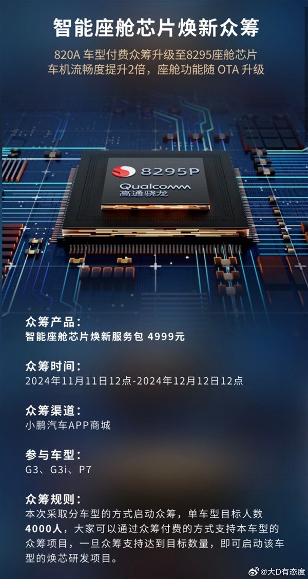 Xiaopeng's core replacement crowdfunding plan was announced: 19999 yuan for smart driving chips and 4999 yuan for cockpit chips